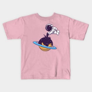 Cute Astronaut Pouring Space On Planet Cartoon Kids T-Shirt